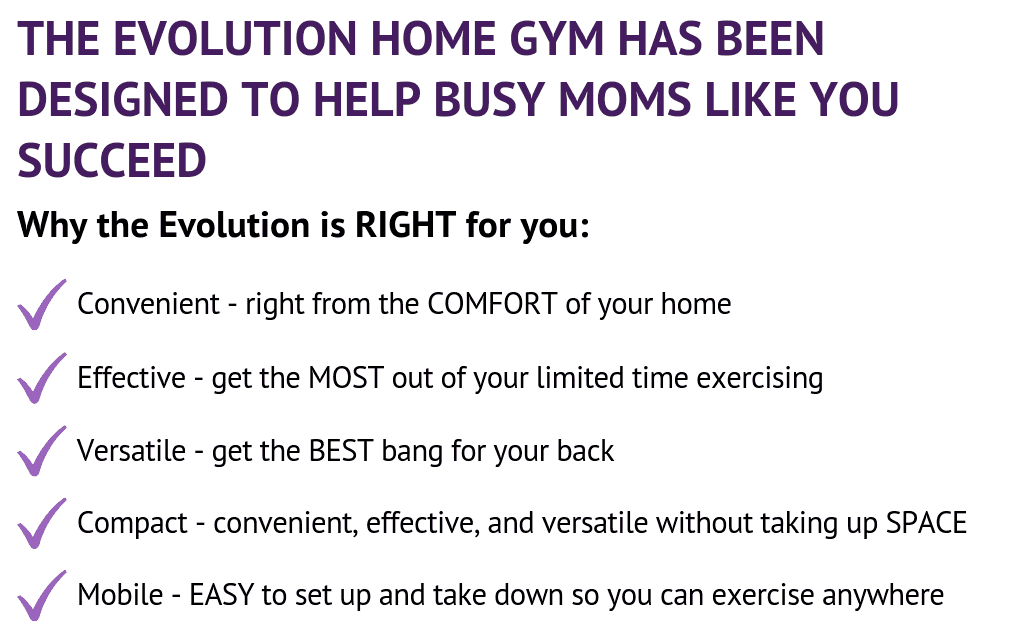 The Evolution Home Gym and Online Training System The EvolutionVN Evolution Home Gym was specifically designed for moms