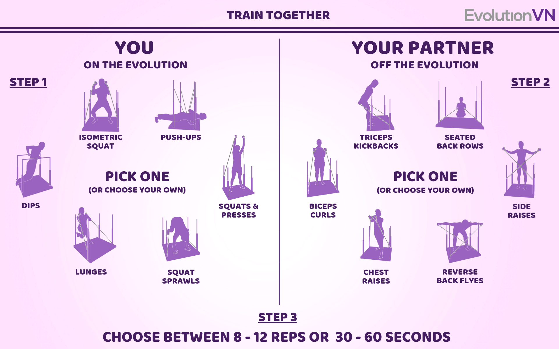 Partner exercises are easy to create - as long as one of you is on the Evolution, you can combine almost any two exercises
